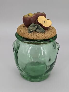 Green Embossed Kitchen Glass Storage Jar With Decorative Apples Cork Lid 7"